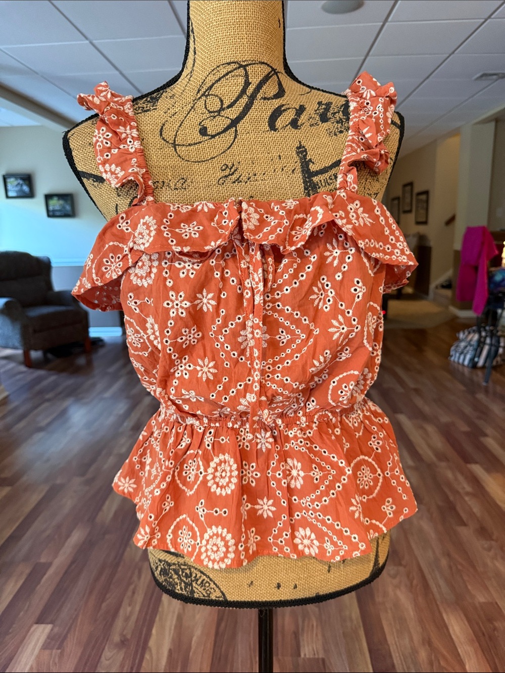 Mine size medium boho orange and white peplum style with ruffles and eyelets
